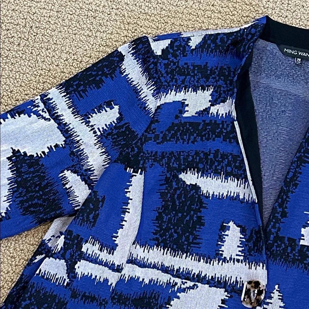 Ming Wang Black Blue Gray Abstract Print Single Button Front Blazer 2X Lagenlook